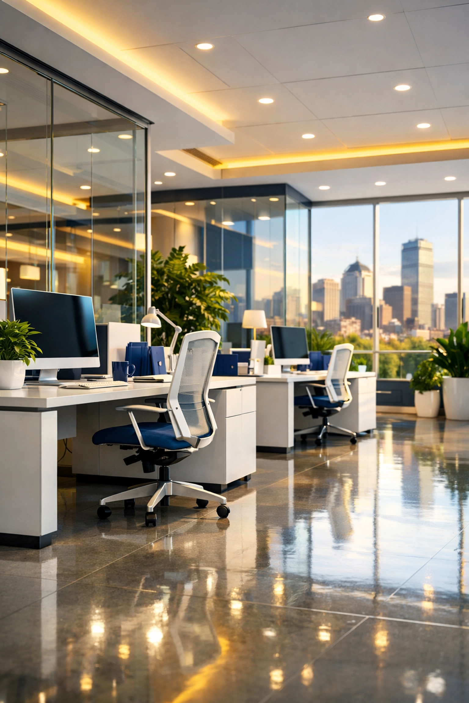 Clean corporate office in Boston with gleaming floors provided by janitorial services Massachusetts.