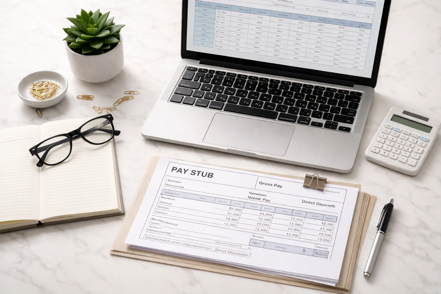 Organized workspace with payroll documents and laptop, illustrating small business payroll services setup.
