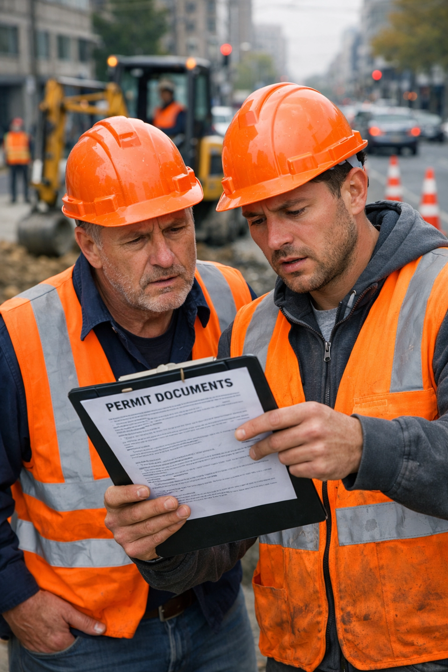 Groundworks team reviewing streetworks permits at urban roadworks site with safety equipment
