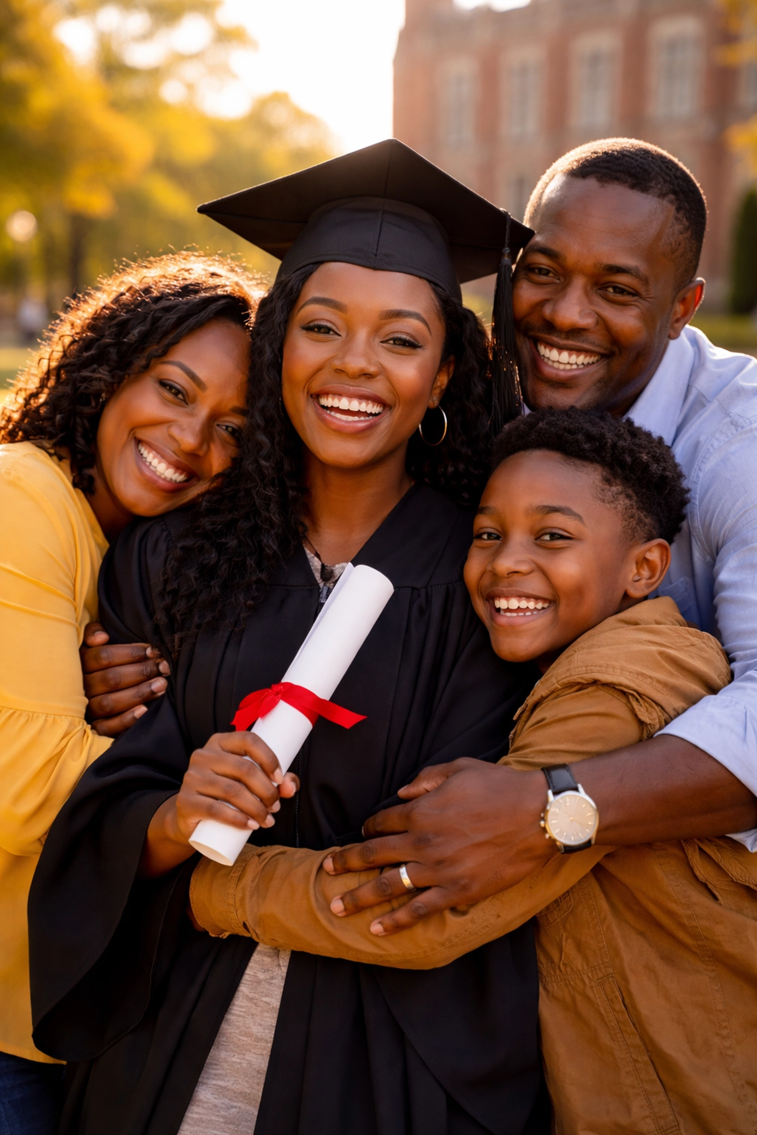 More Than Just a Shop: The Future of The Black Wall Streets is Here Black female graduate celebrating with her family, showcasing scholarships and generational success from community support.