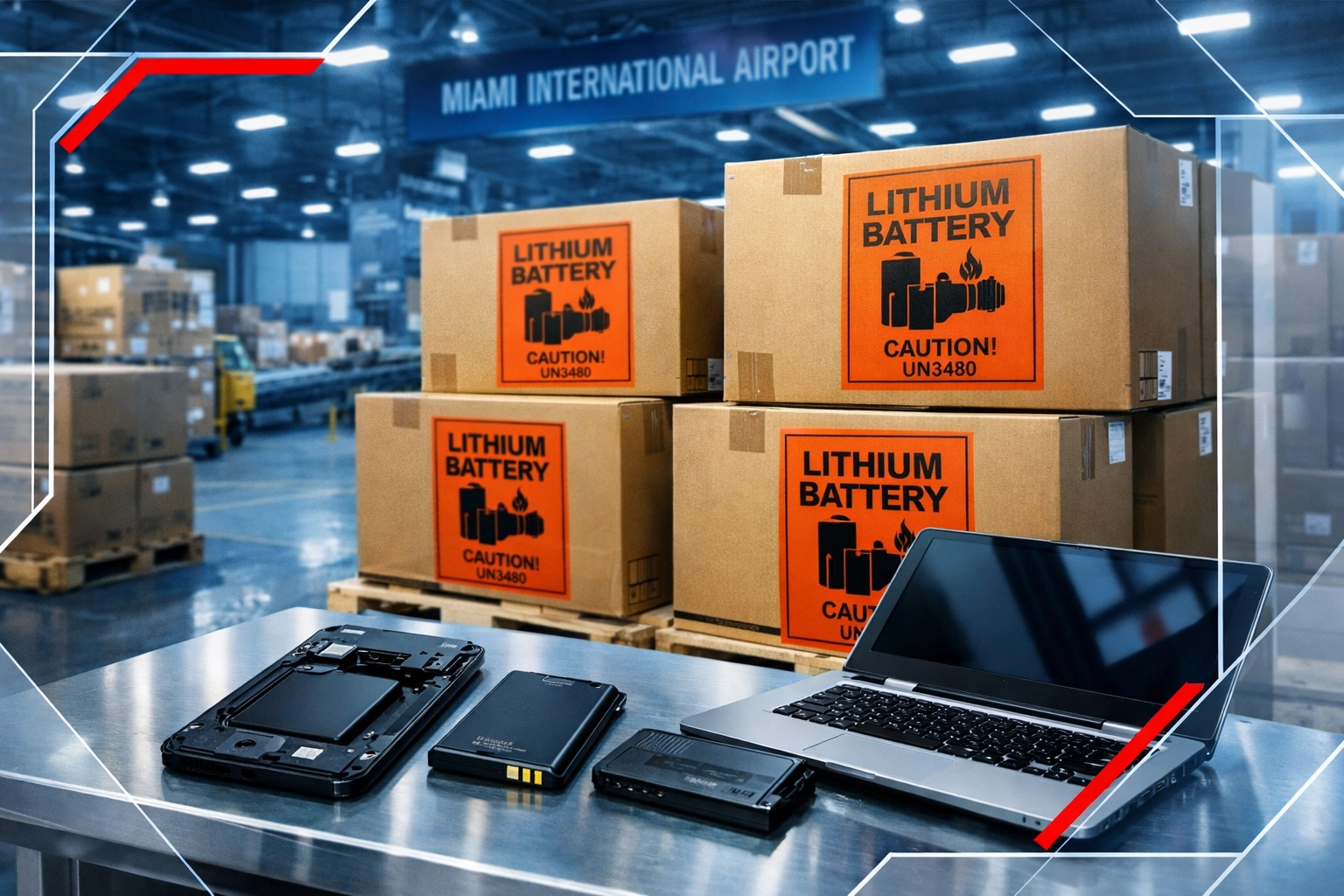 Lithium battery cargo inspection at Miami air freight warehouse with hazard-labeled packages