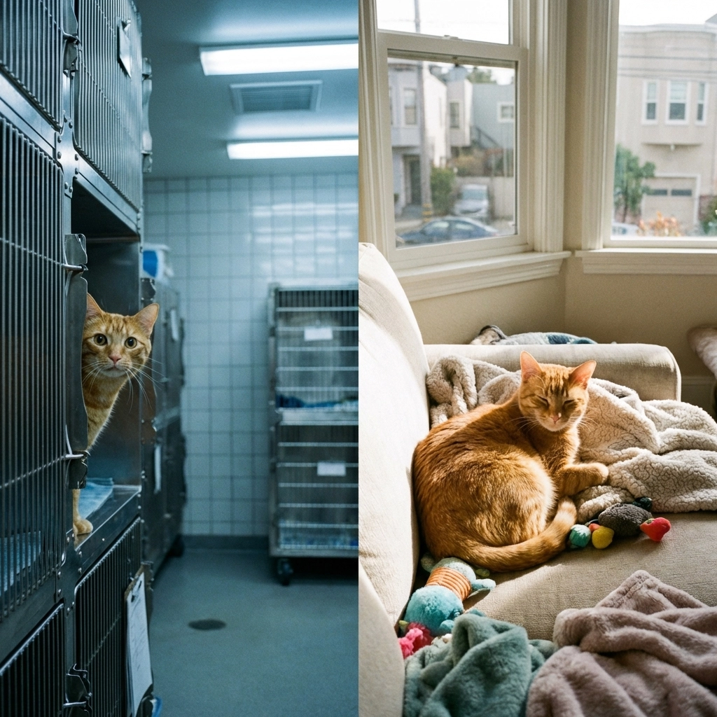 Comparison of cat boarding vs in-home cat sitting: stressed cat in kennel versus relaxed cat at home in Oakland
