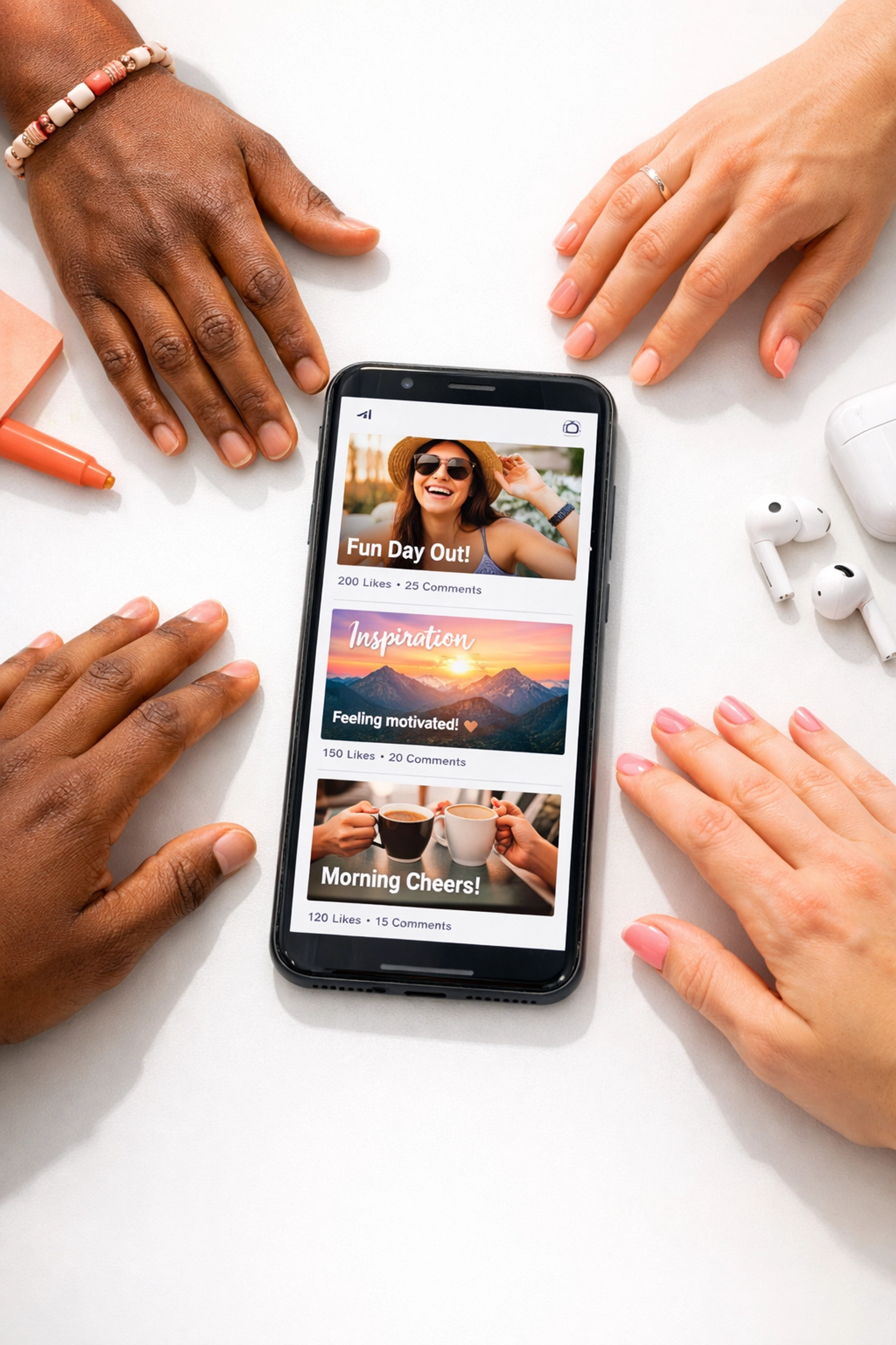 Smartphone showing social media engagement with hands reaching to connect and build community