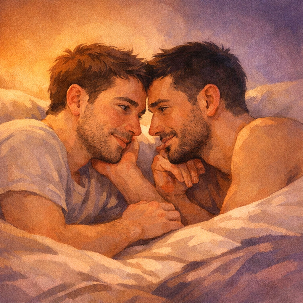 Gay couple engaged in honest conversation after first time together, illustrating emotional bonding