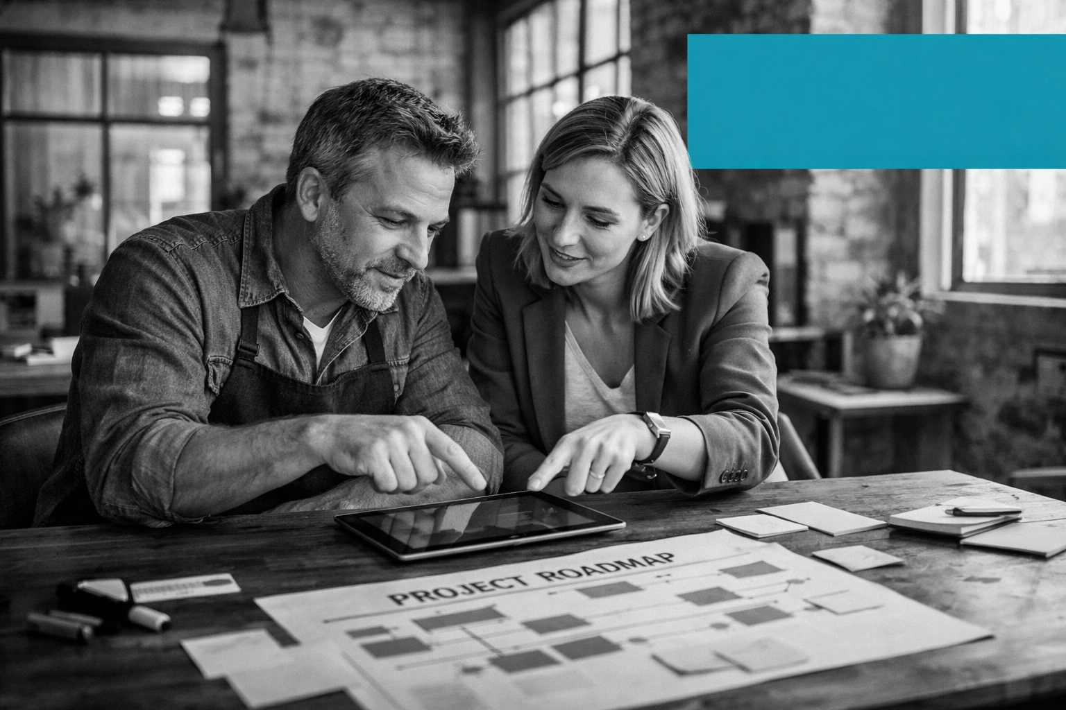 Contractor and marketing strategist reviewing a digital growth plan to dominate local search in 2026.