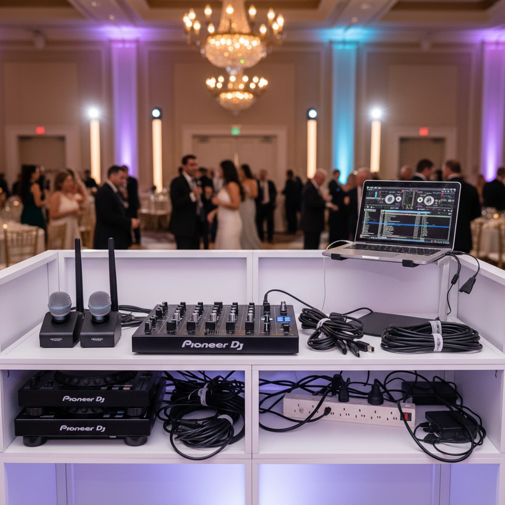 DJ booth with Pioneer equipment and laptop in foreground. Elegant ballroom with chandeliers, colorful lighting, and people dancing in background.