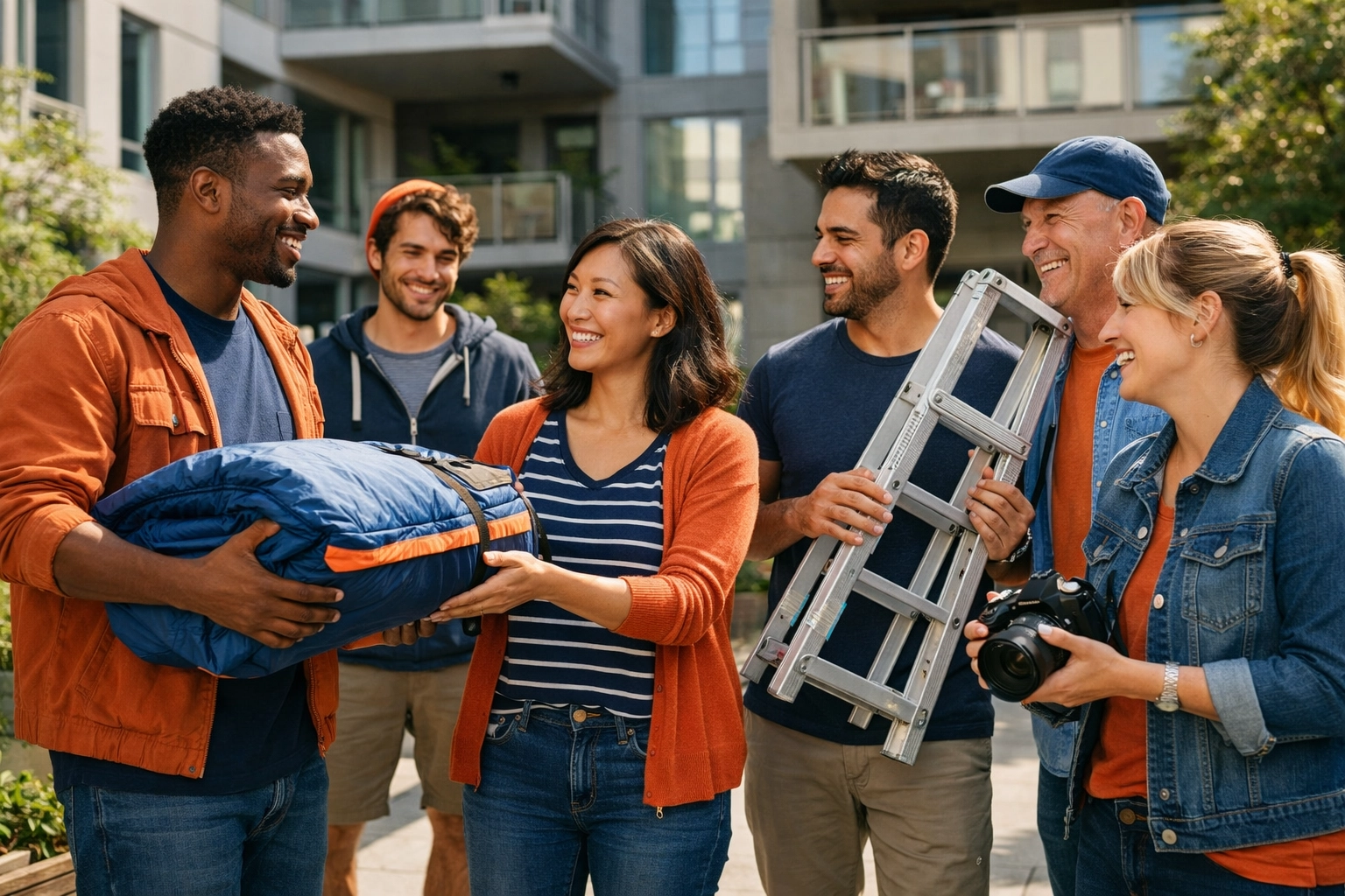 Urban neighbors sharing rental items like camping gear and cameras in community courtyard