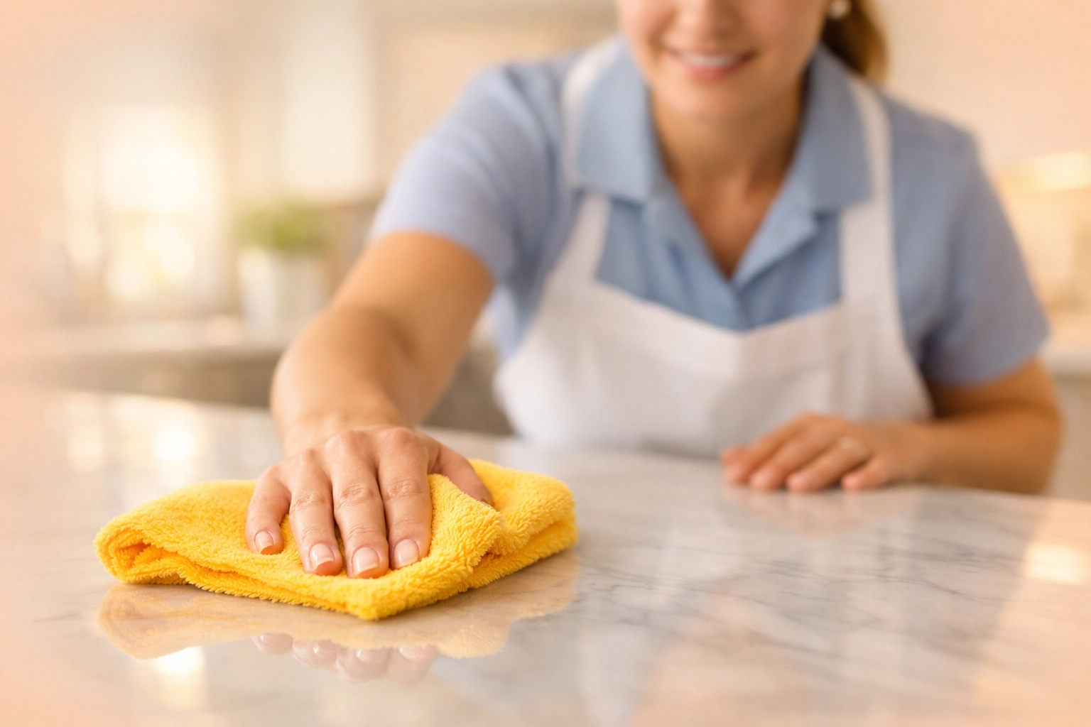 Shine Co expert polishing a marble counter, demonstrating detail-oriented commercial cleaning standards.