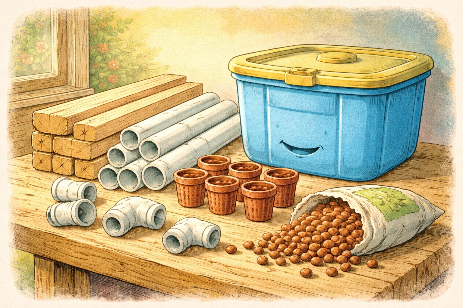 Workbench with hydroponic supplies, including wood, PVC pipes, net pots, clay pebbles, and reservoir for DIY setup.