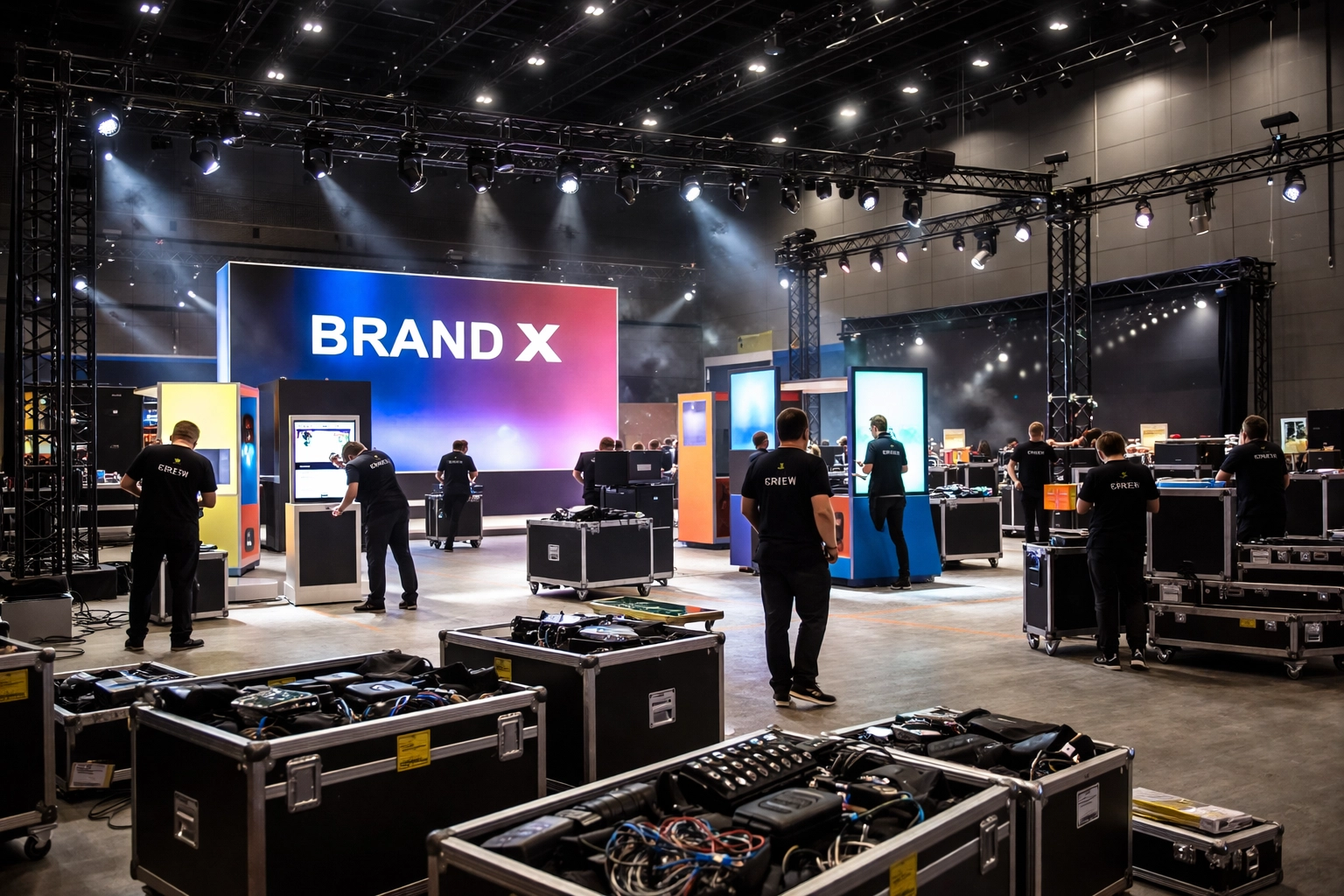 Event production crew expertly setting up brand activation displays and technology in a large convention center.