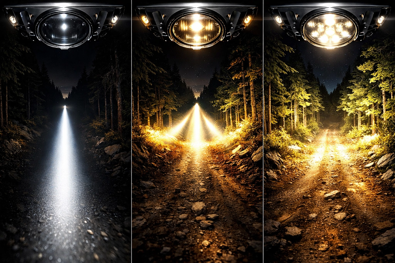 Comparison of spotlight and floodlight beam patterns on off-road forest trail
