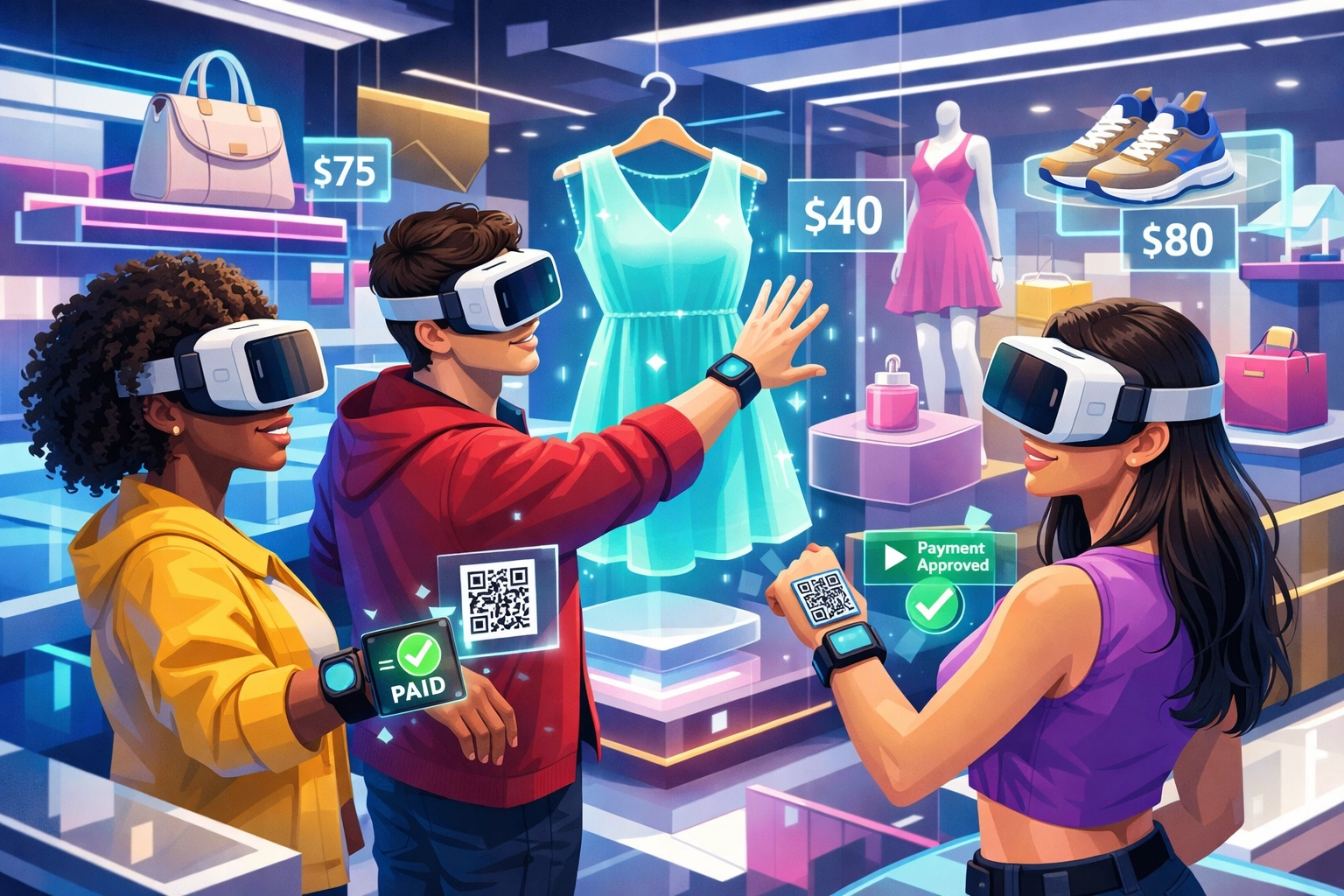 Group VR shopping experience in metaverse storefront with virtual products and digital payments