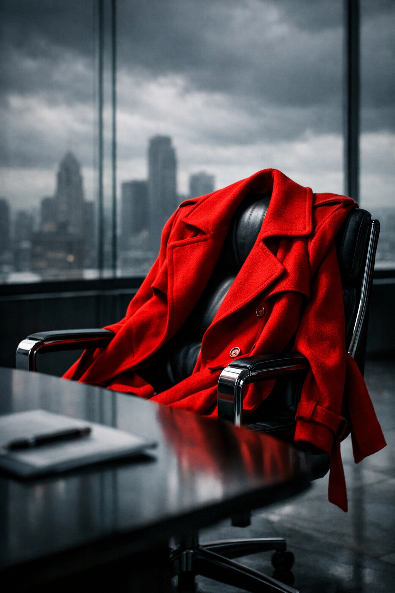 Red activist coat on a boardroom chair symbolizing courageous advocacy in climate justice leadership.