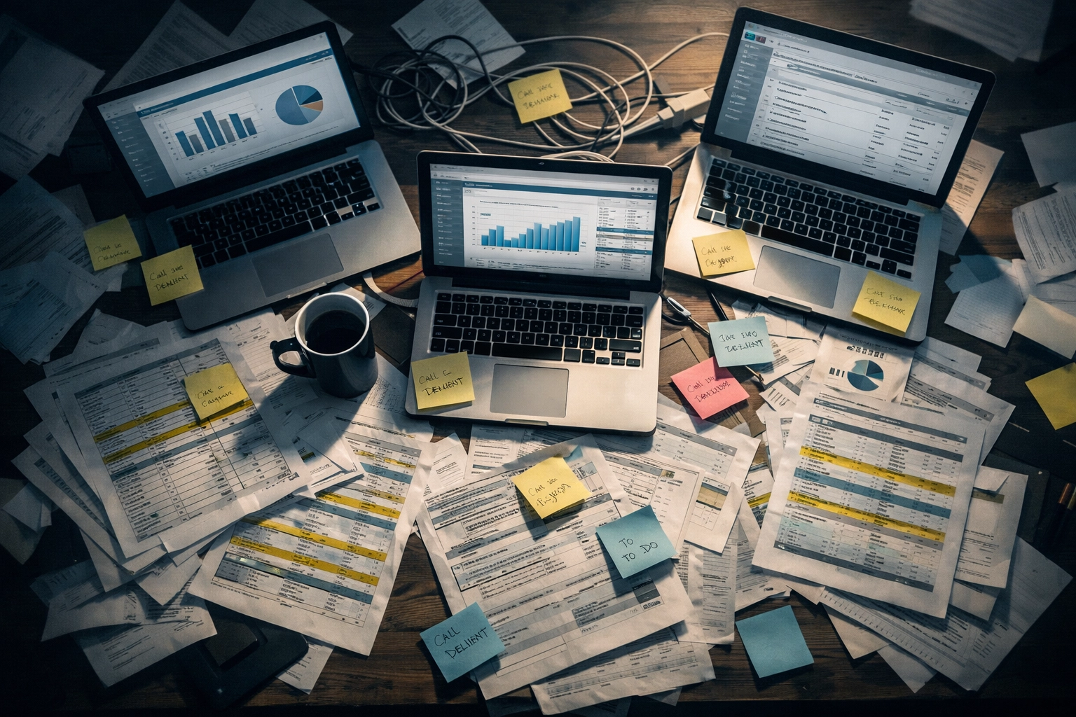 Custom Software Development 101: A Small Business Owner's Guide to Getting Started 2 Overwhelmed desk with spreadsheets and multiple software dashboards showing manual business process inefficiency