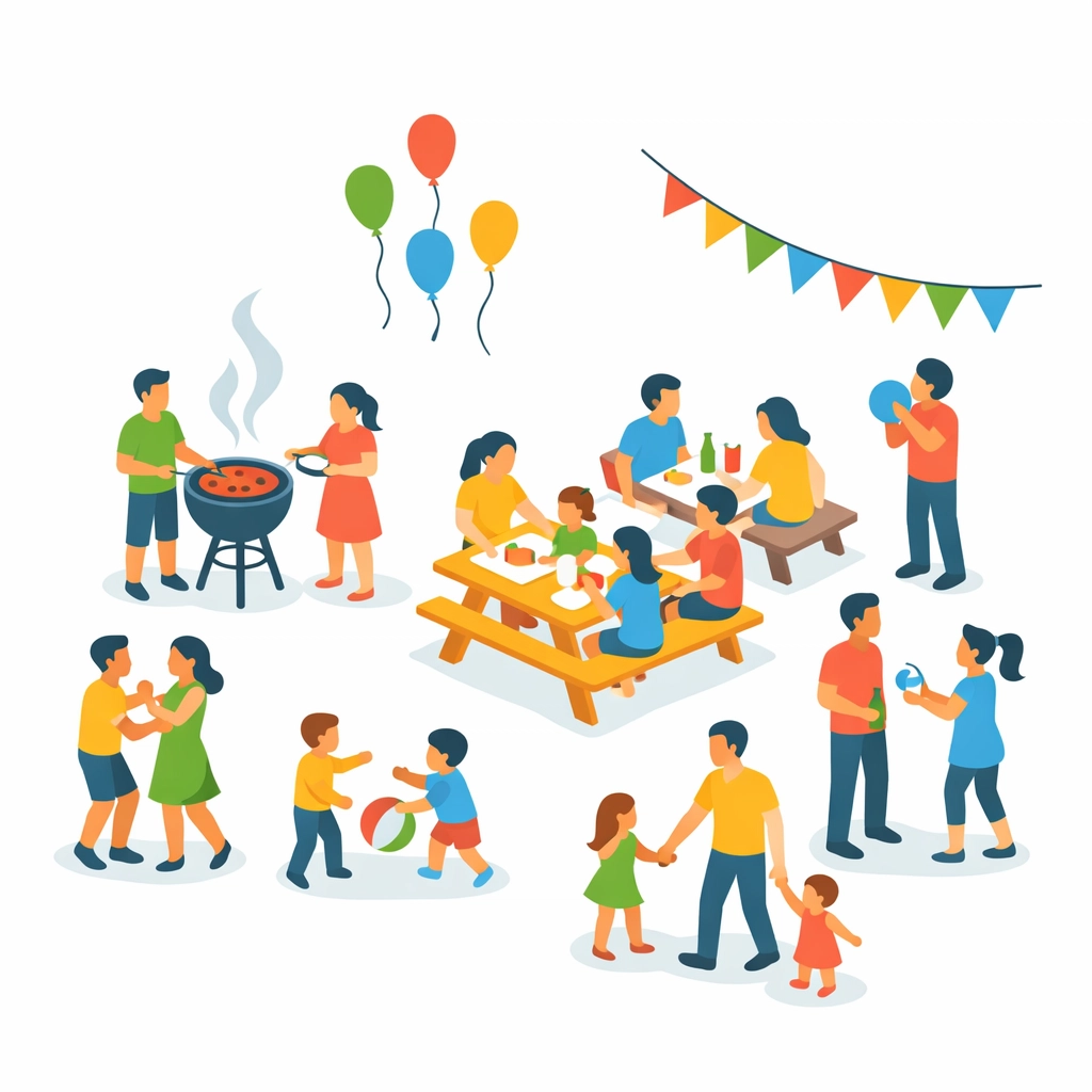 Neighborhood block party with families gathering for church community outreach event