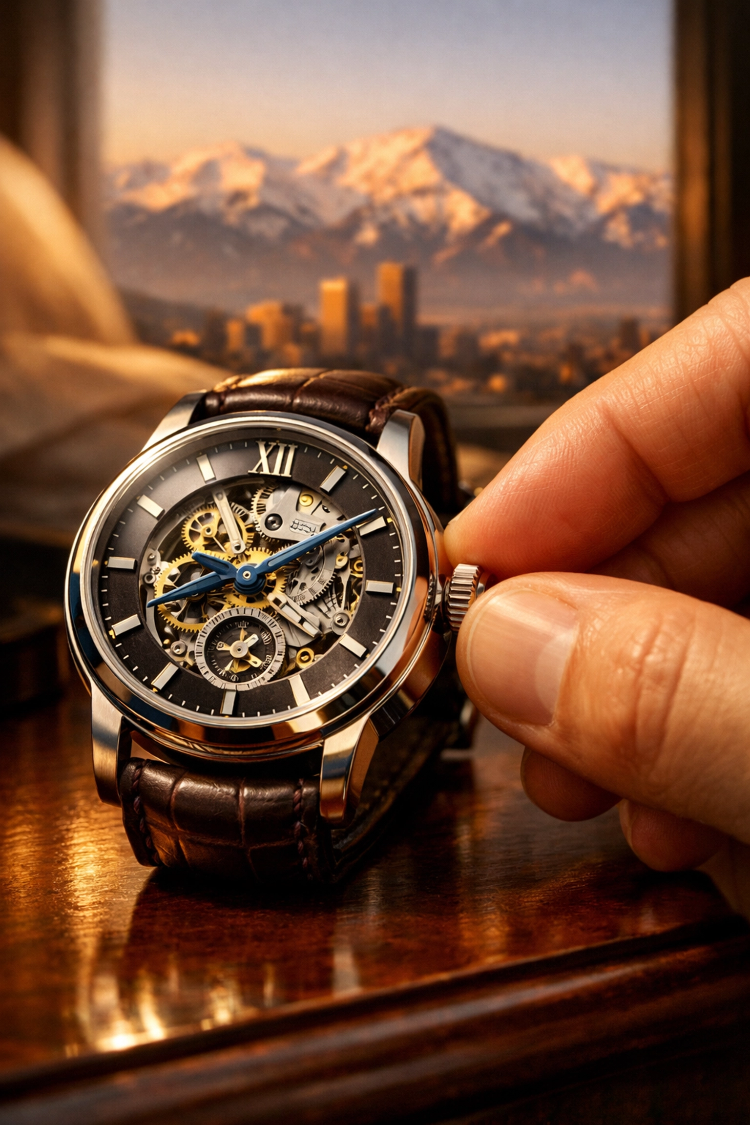 Adjusting a luxury watch at sunrise with Denver's Rocky Mountains in view.