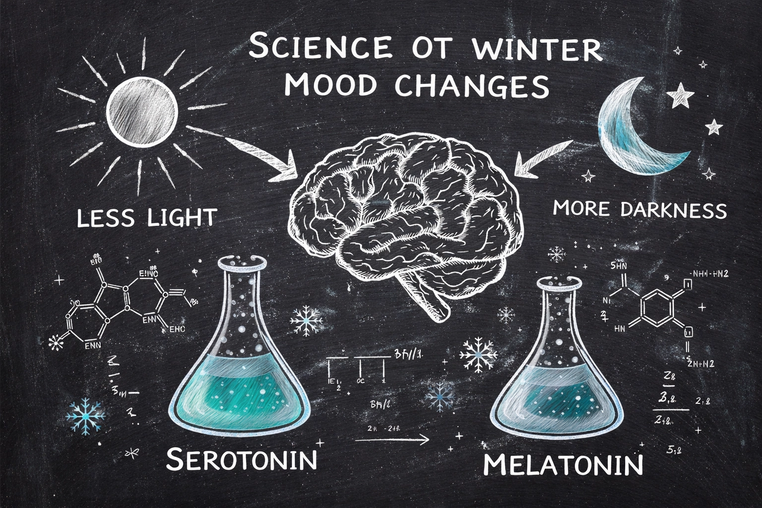 Chalkboard diagram showing how less sunlight affects mood and energy at winter events