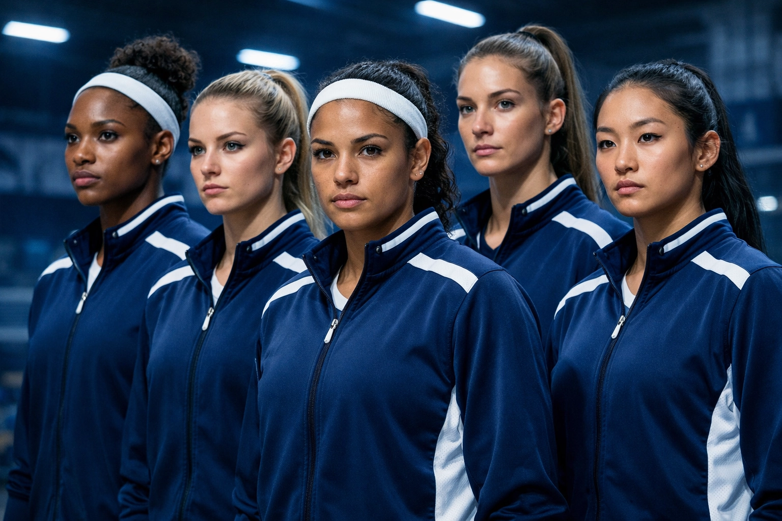 The UConn Women’s Basketball team standing together in navy blue jackets showcasing their elite roster depth.