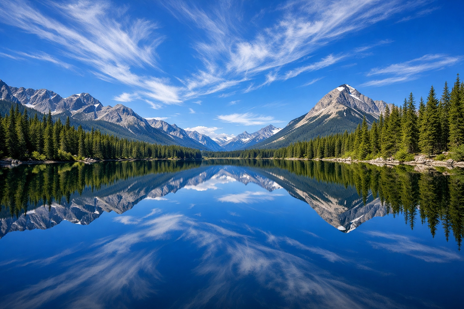 Serene mountain lake reflecting a bright blue sky, showcasing realistic water reflection in photo editing.