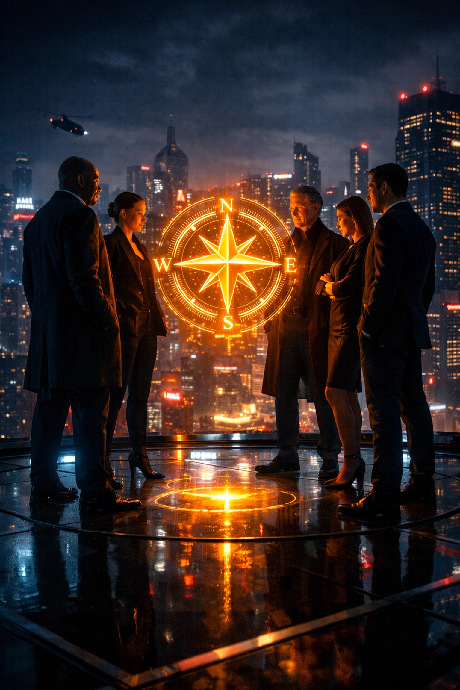 Powerful business leaders in a private circle on a rooftop, using a golden compass to navigate the corporate world.