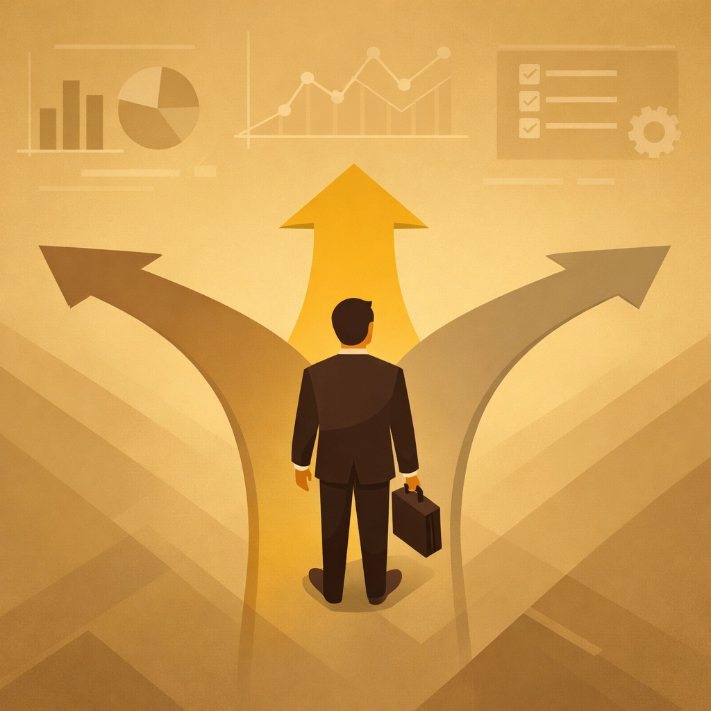 Executive at crossroads facing multiple decision paths, illustrating judgment migration in leadership