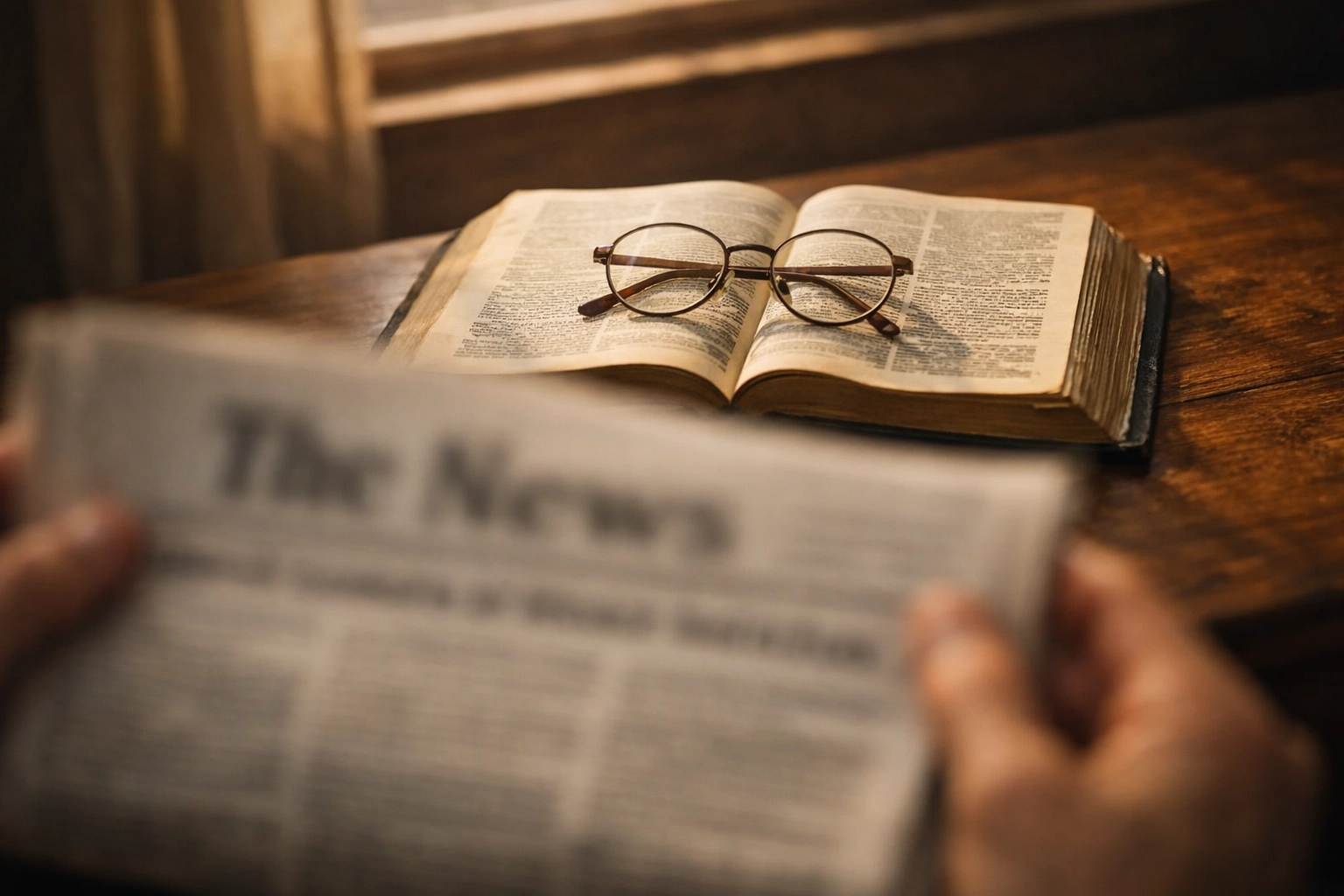 Hands holding newspaper with open Bible and reading glasses in sharp focus behind