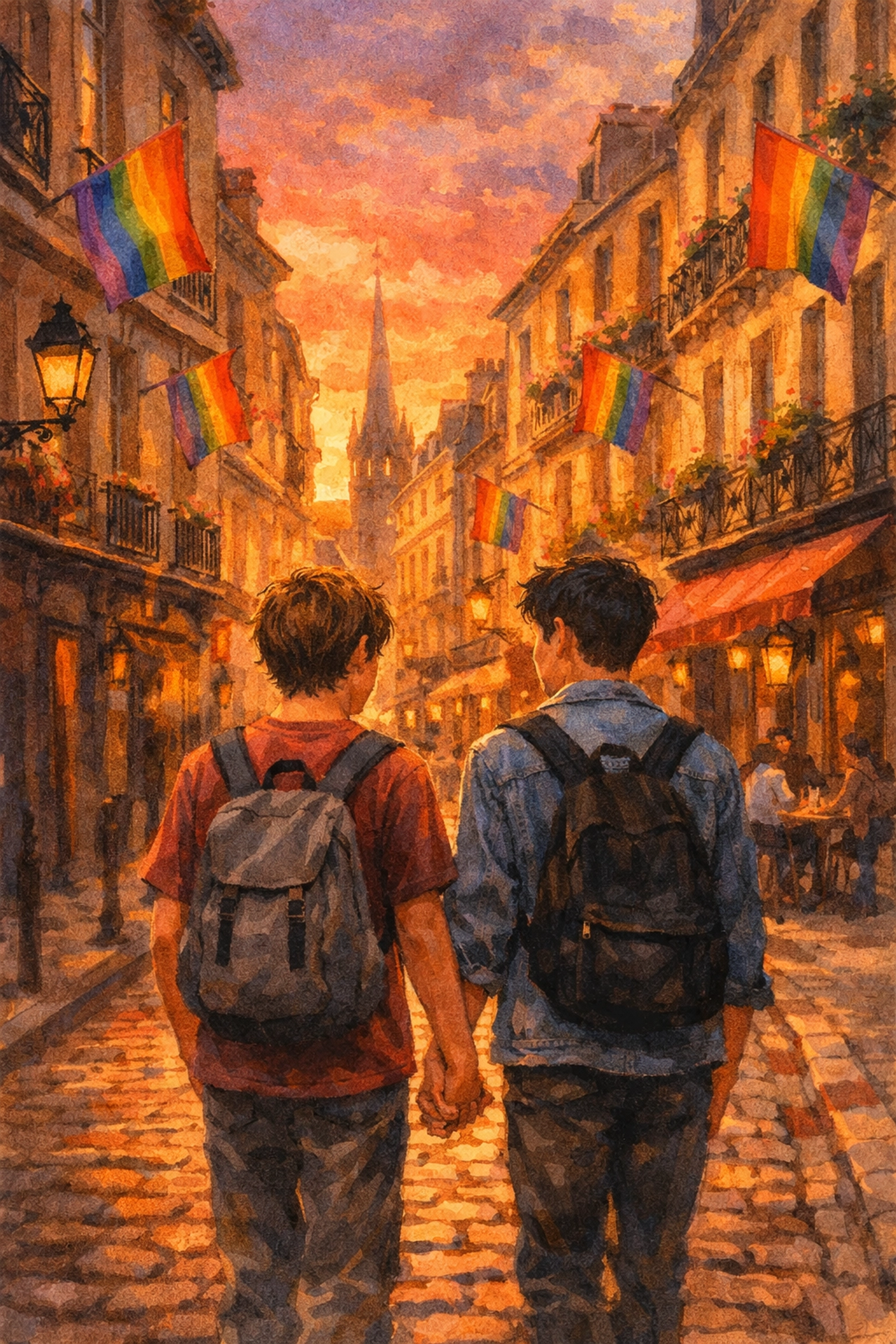 Gay teens holding hands in Le Marais district, Paris's historic LGBTQ+ neighborhood