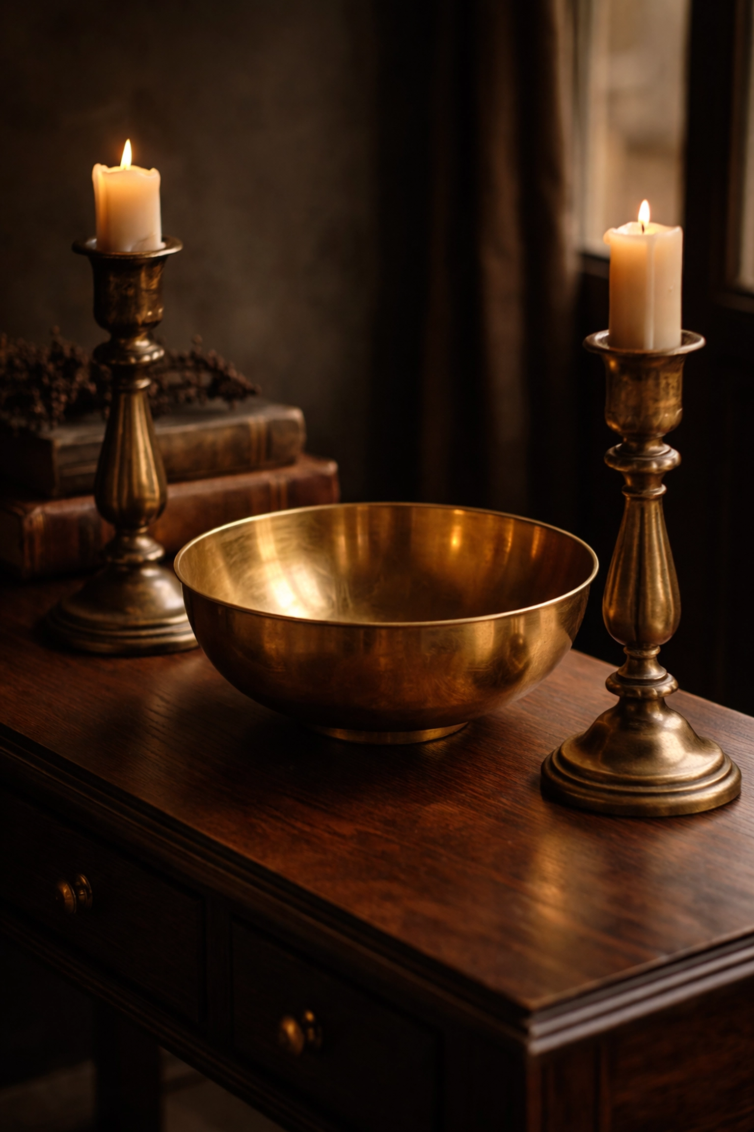 Unlacquered brass bowl and aged bronze candlesticks displaying natural patina on walnut console table