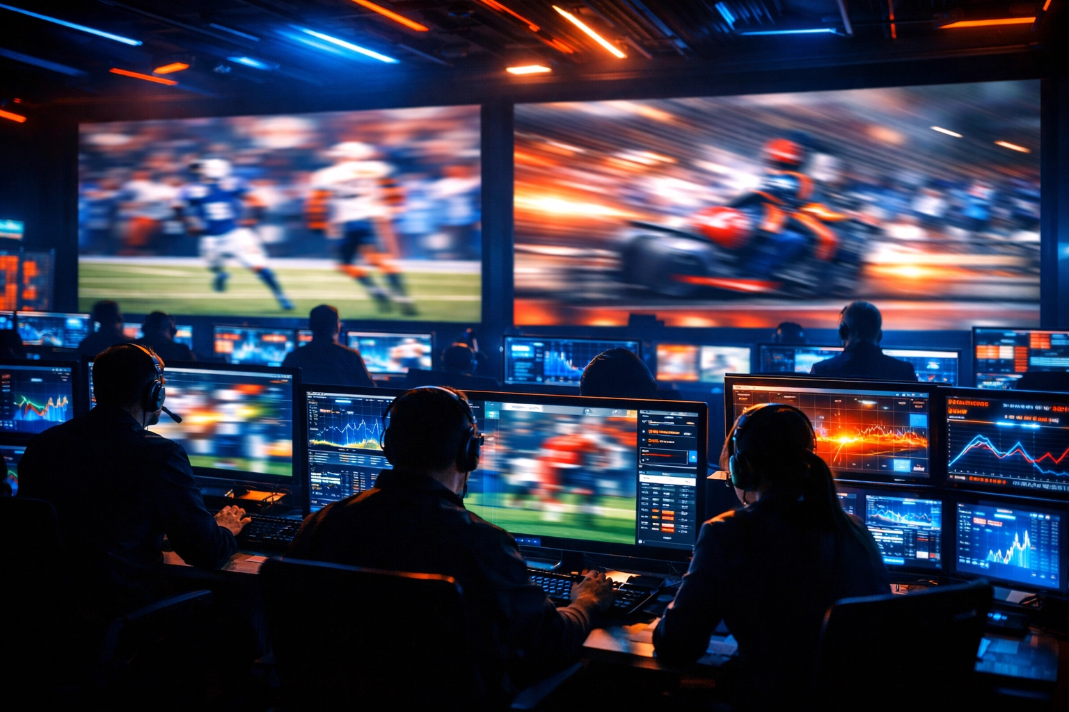 Experts monitoring digital sports marketing data in a high-tech command center for Super Bowl campaigns.