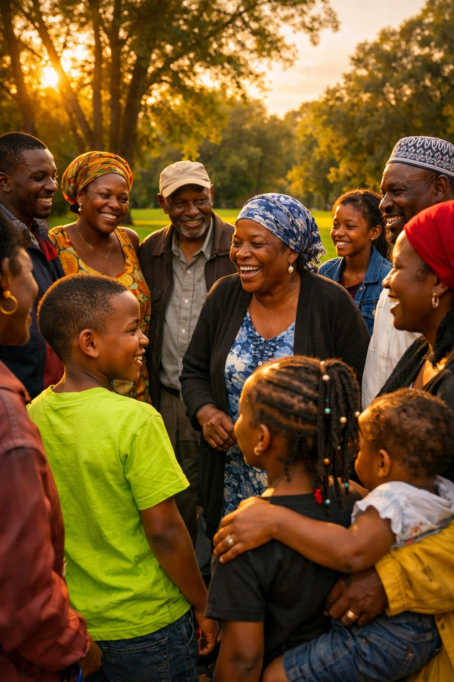 African immigrant families and youth participating in a community event in a green Nebraska park.