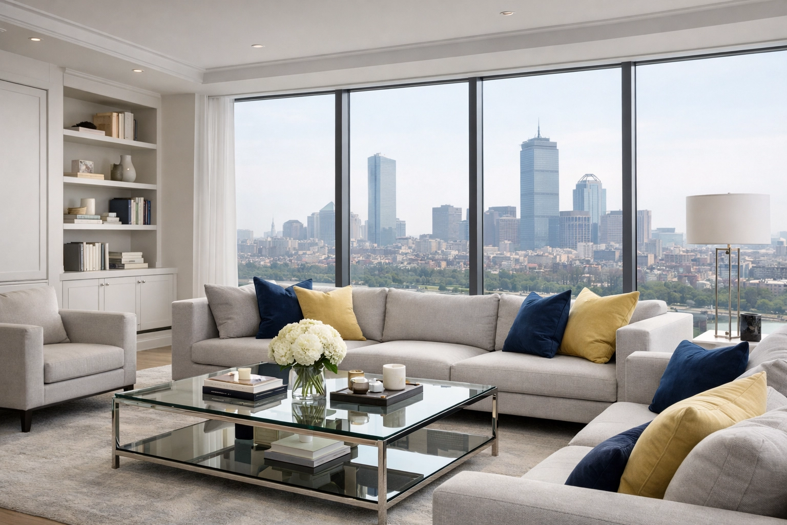 A perfectly organized and dust-free Back Bay penthouse living room following Deep Cleaning Boston.