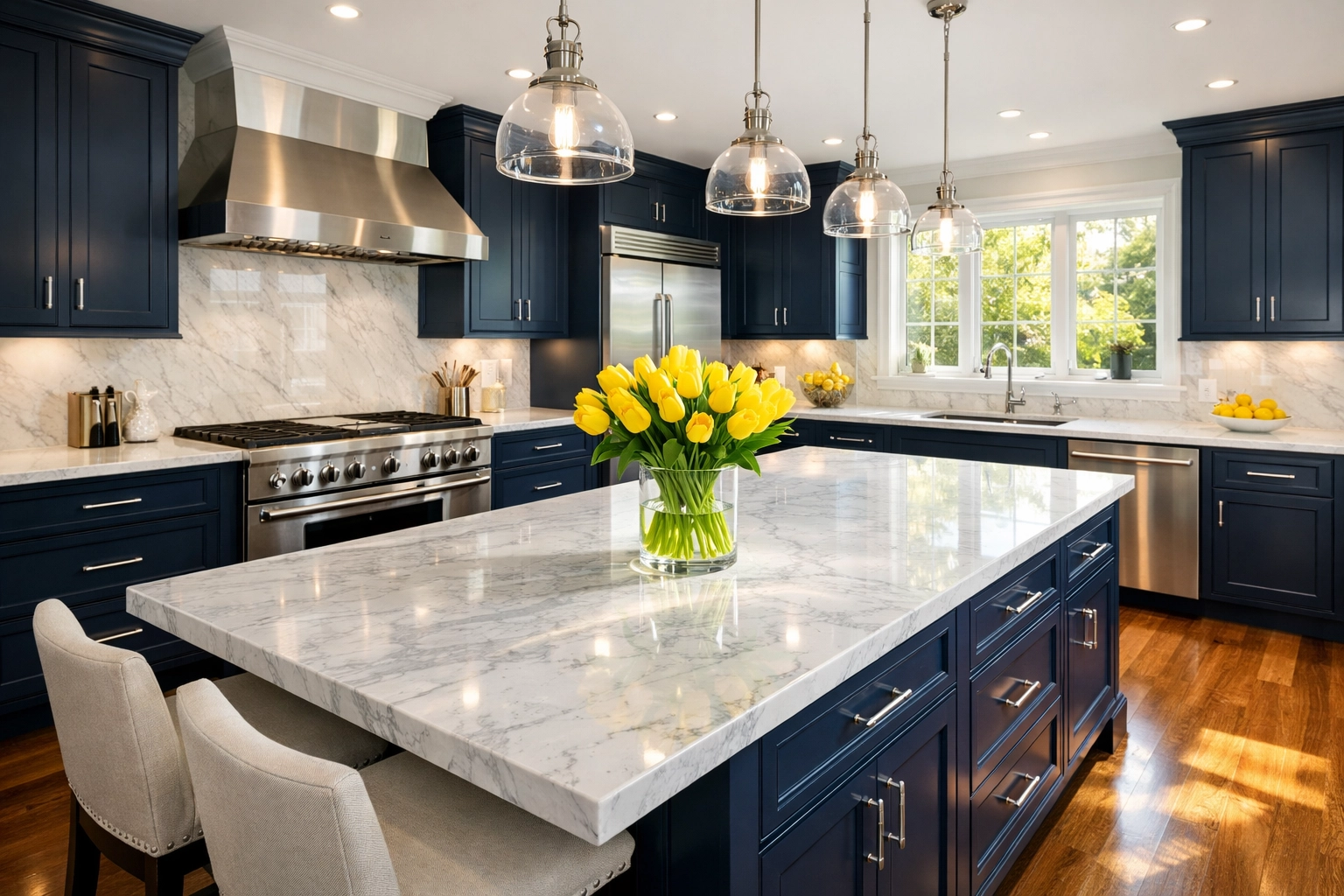 Spotless modern kitchen in a Worcester home featuring marble countertops and professional house cleaning.