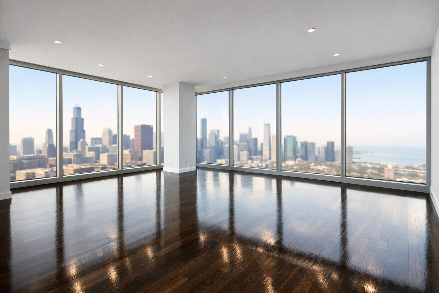 Luxury Chicago multifamily apartment with professionally polished hardwood floors and city skyline views.