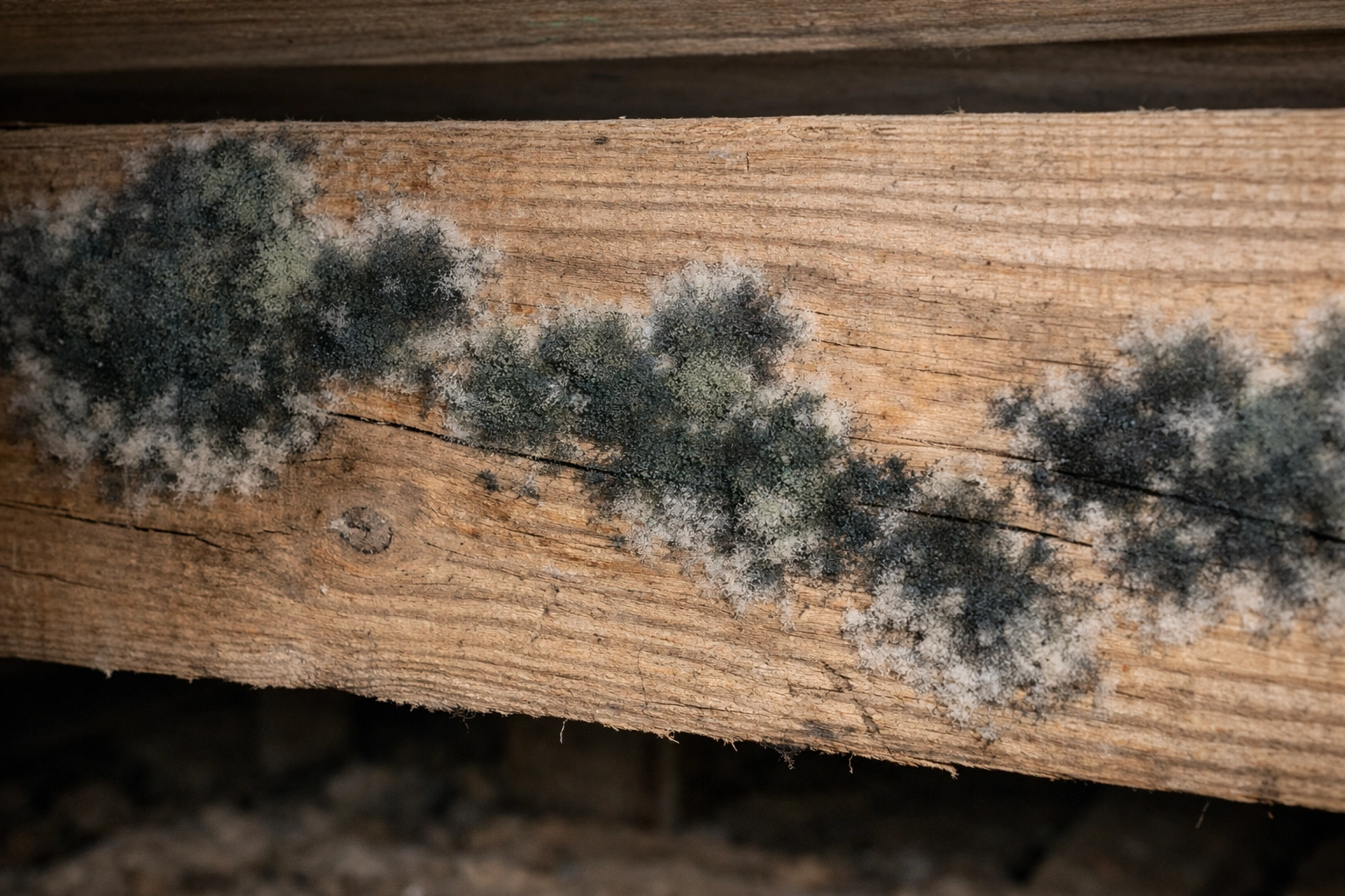 Fuzzy irregular mold growth on wooden crawlspace joists caused by unaddressed water leaks.