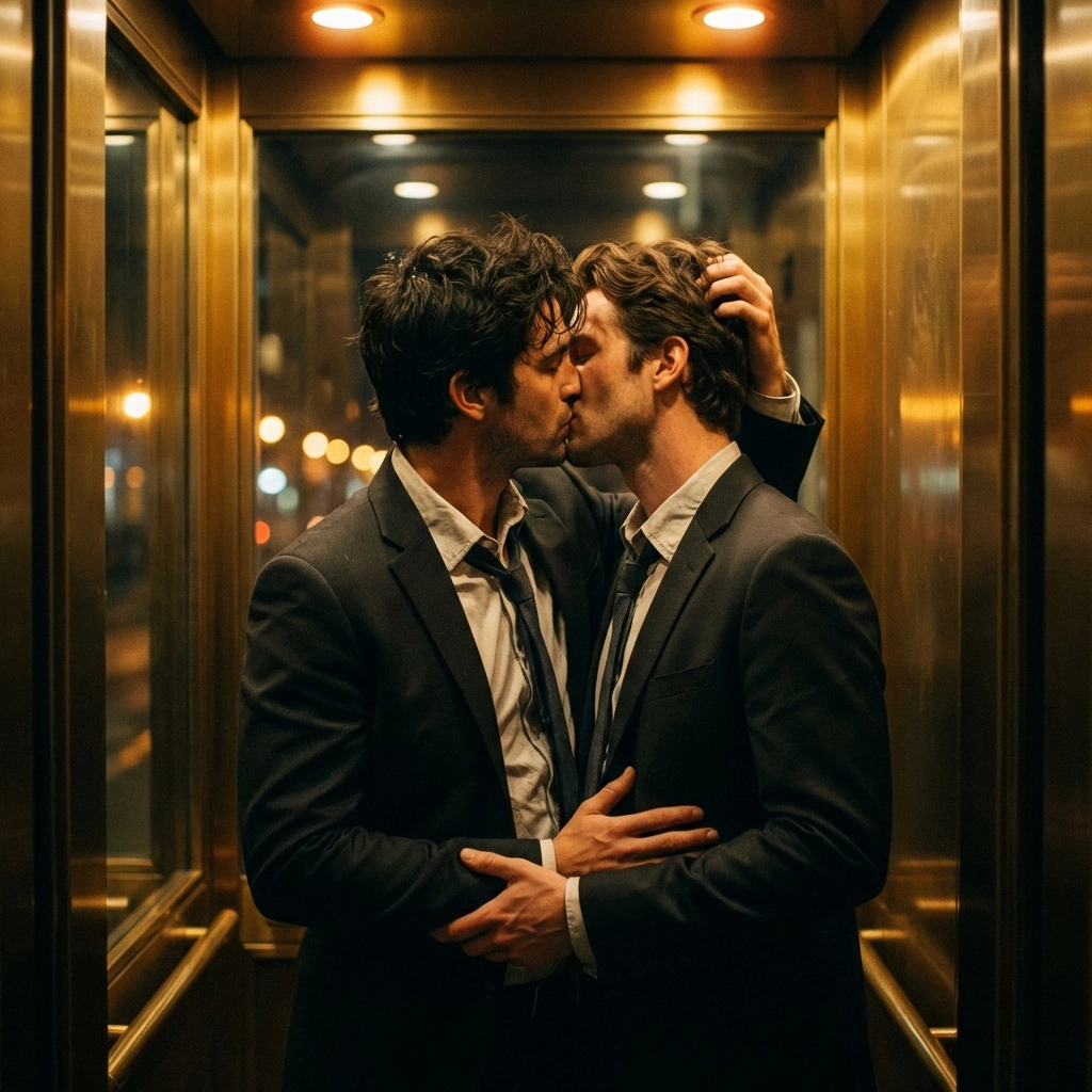 Rival lawyers Julian and Elias share passionate kiss in elevator - gay romance scene