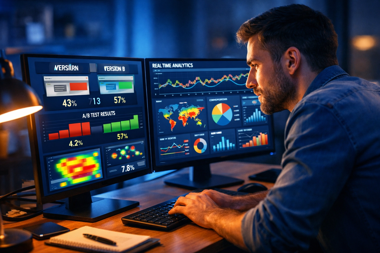 Digital marketing strategist analyzing real-time campaign data and A/B testing results