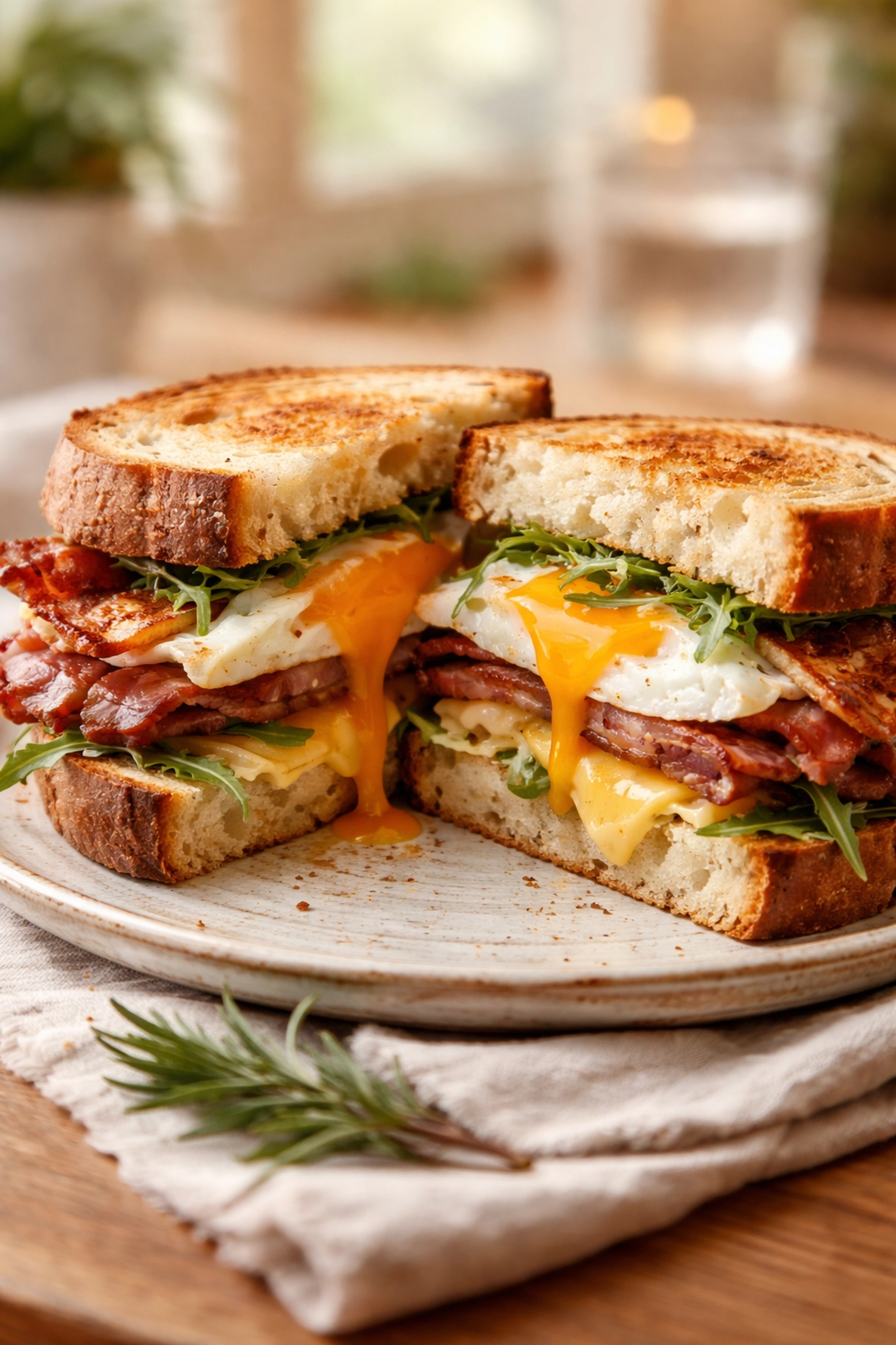 Hearty breakfast sandwich with bacon, egg, and cheese served at a Felixstowe cafe on a rustic table.