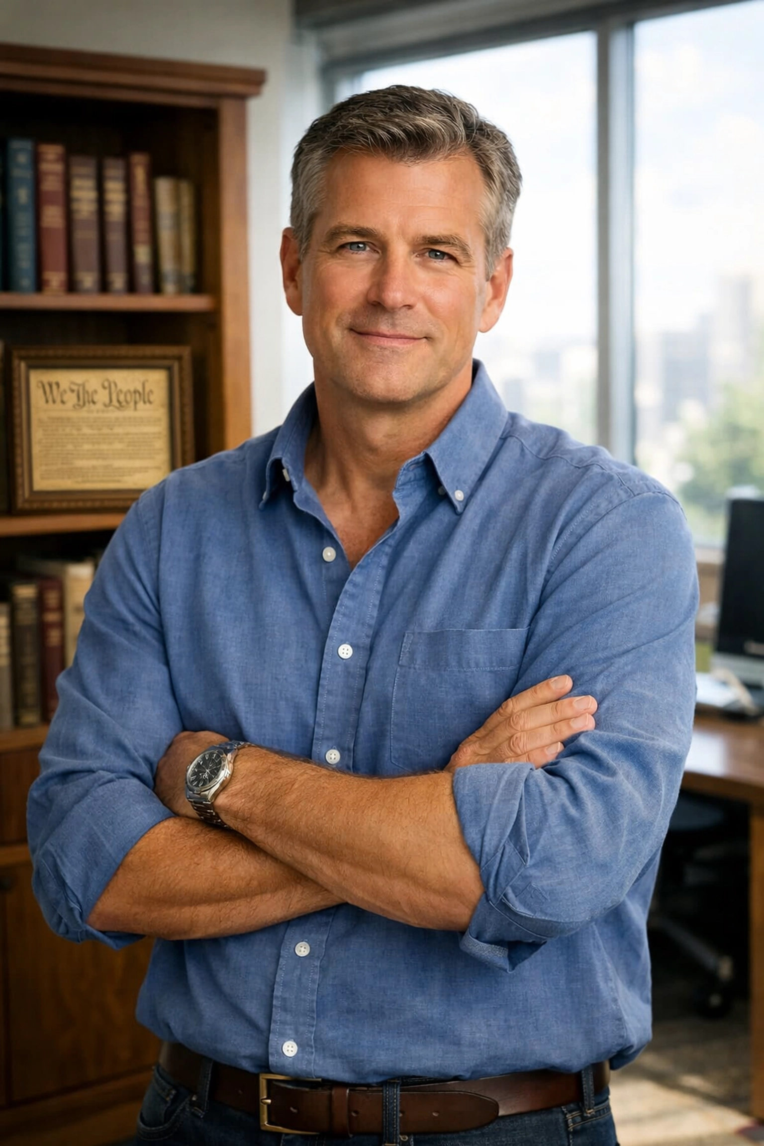 Boost Your Civic Knowledge Instantly with These 5 Daily Press Release Tips Approachable CEO in a modern office, inspiring patriotic leadership and a sense of shared civic duty.