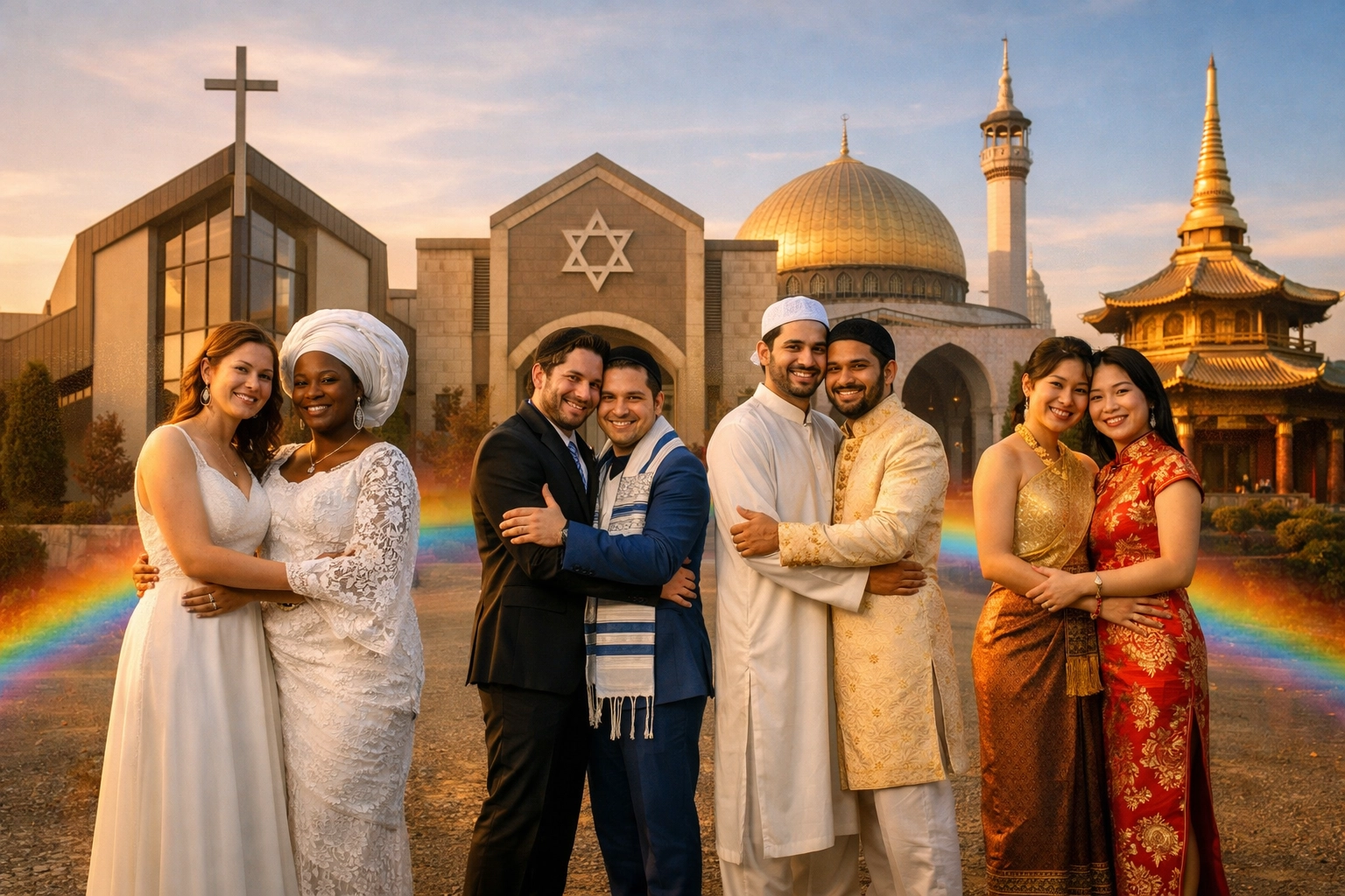 Diverse LGBTQ+ couples from different cultures standing before their places of worship worldwide