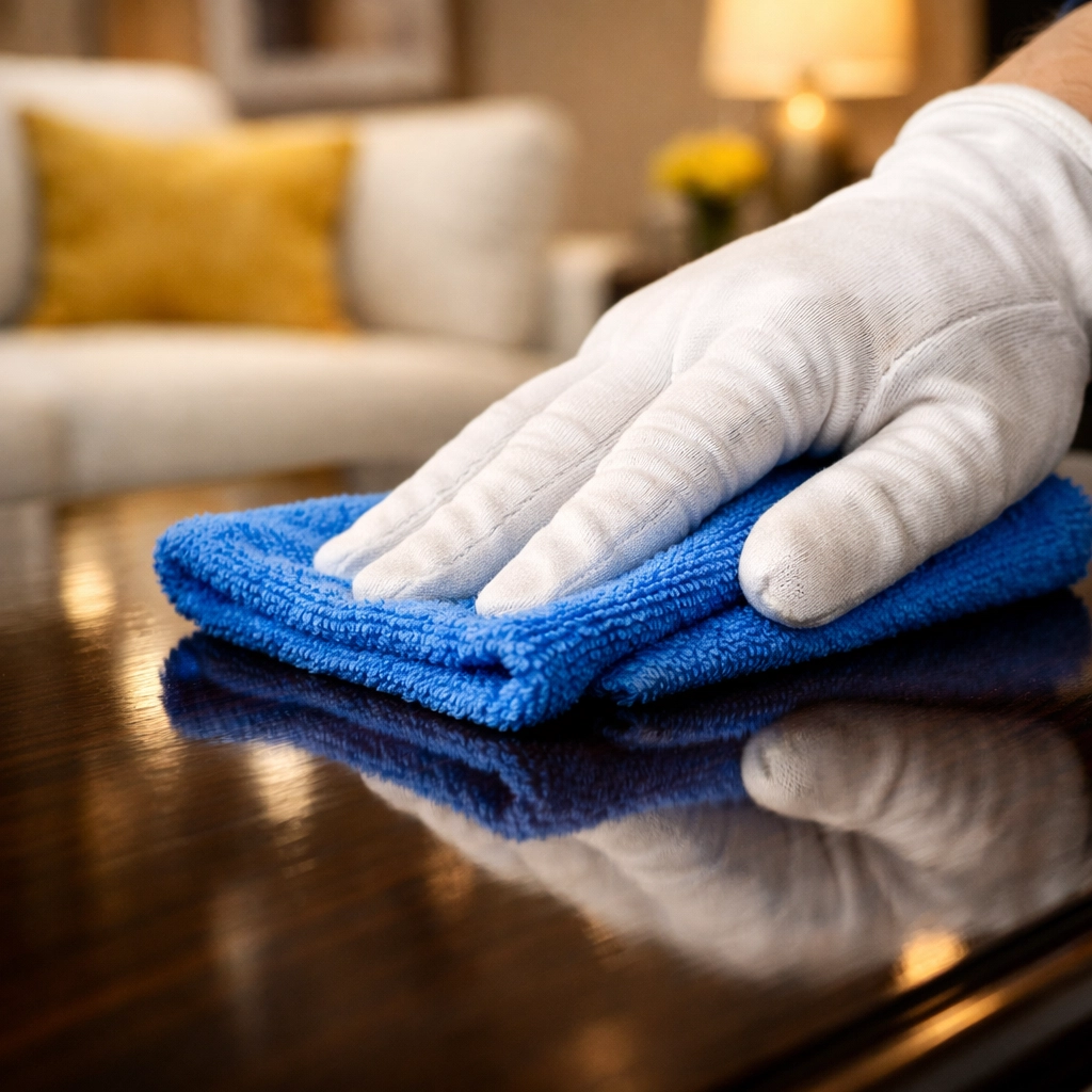 Professional house cleaning service wiping a high-gloss wood surface for a deep cleaning Worcester result.