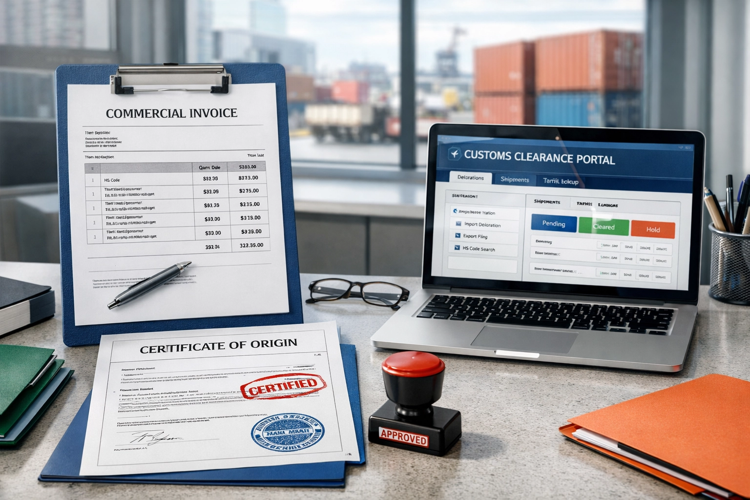 Customs clearance documents and shipping paperwork on freight forwarder desk