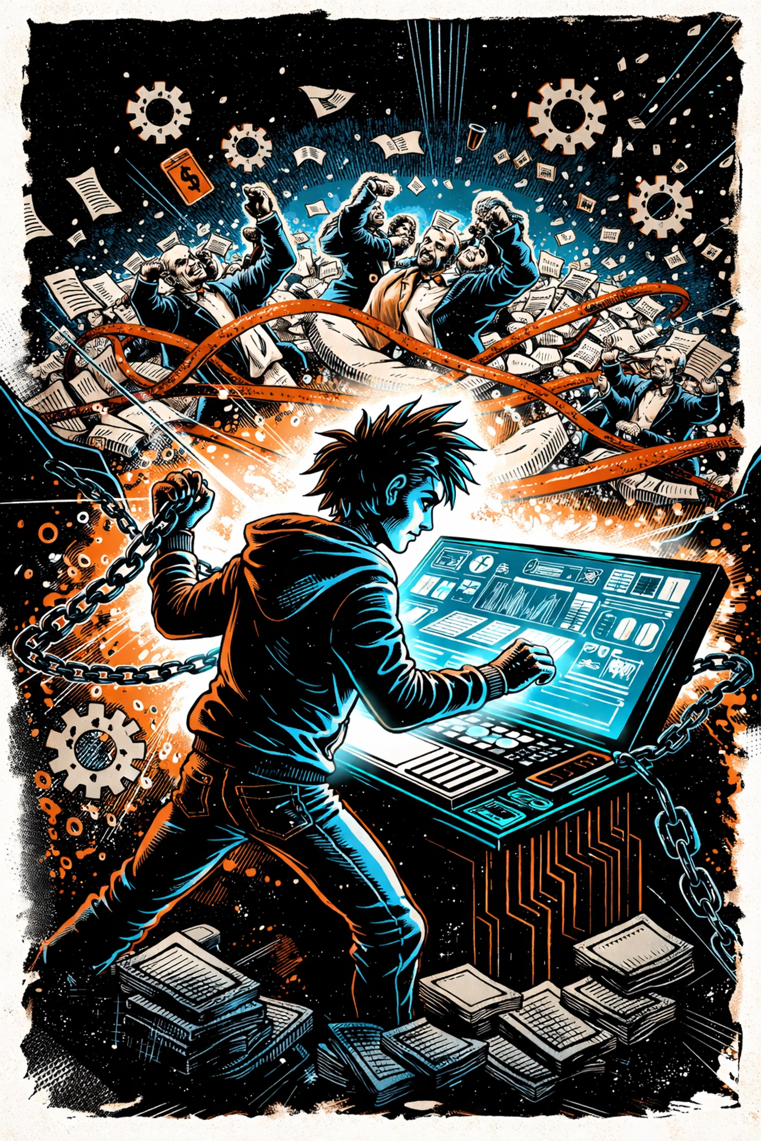 Independent publisher automating work and breaking red tape, highlighting open source automation and freedom