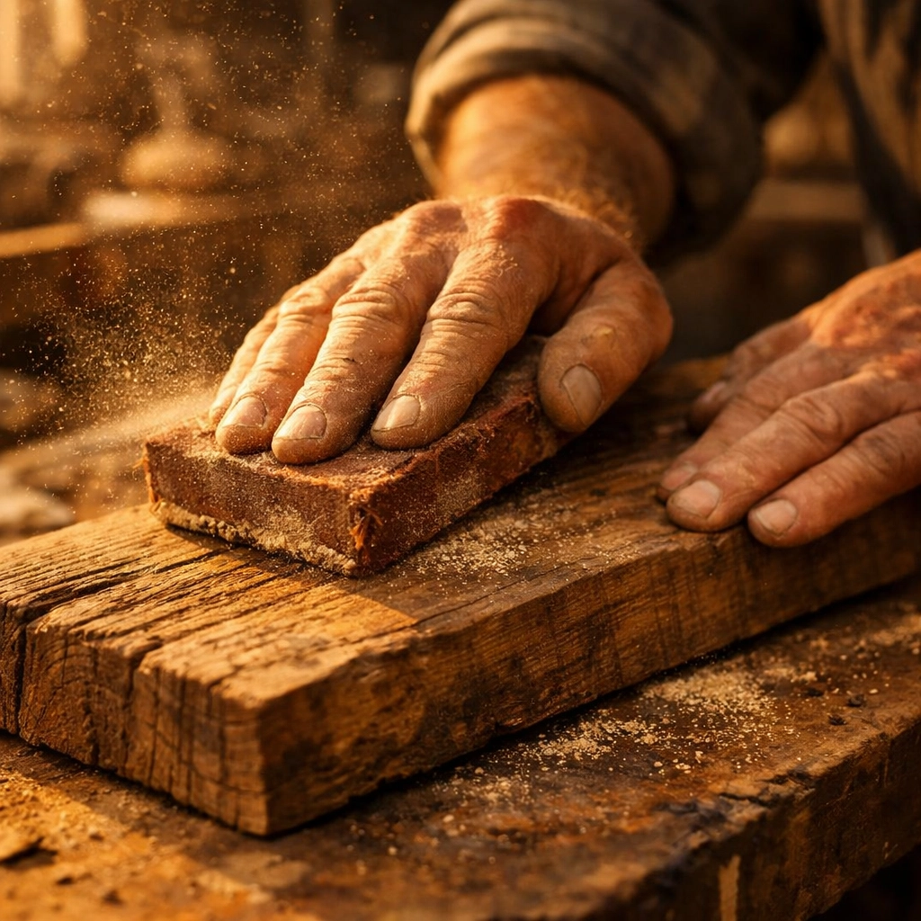 Close-up of artisan hands sanding reclaimed wood for handcrafted home decor in a sunlit workshop.