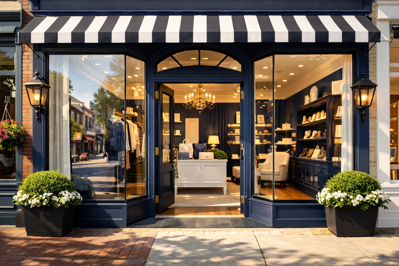 Sparkling clean boutique storefront window in Hopkinton MA reflecting a tidy sidewalk.