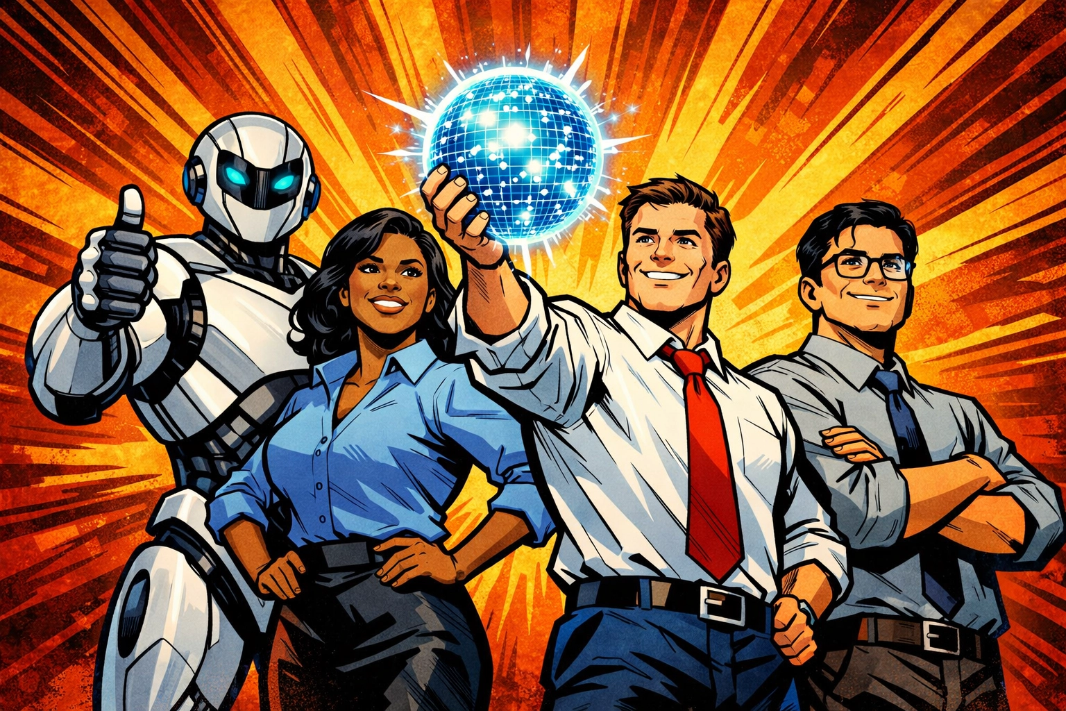 Office workers and a friendly robot, representing successful team adoption of AI business automation.