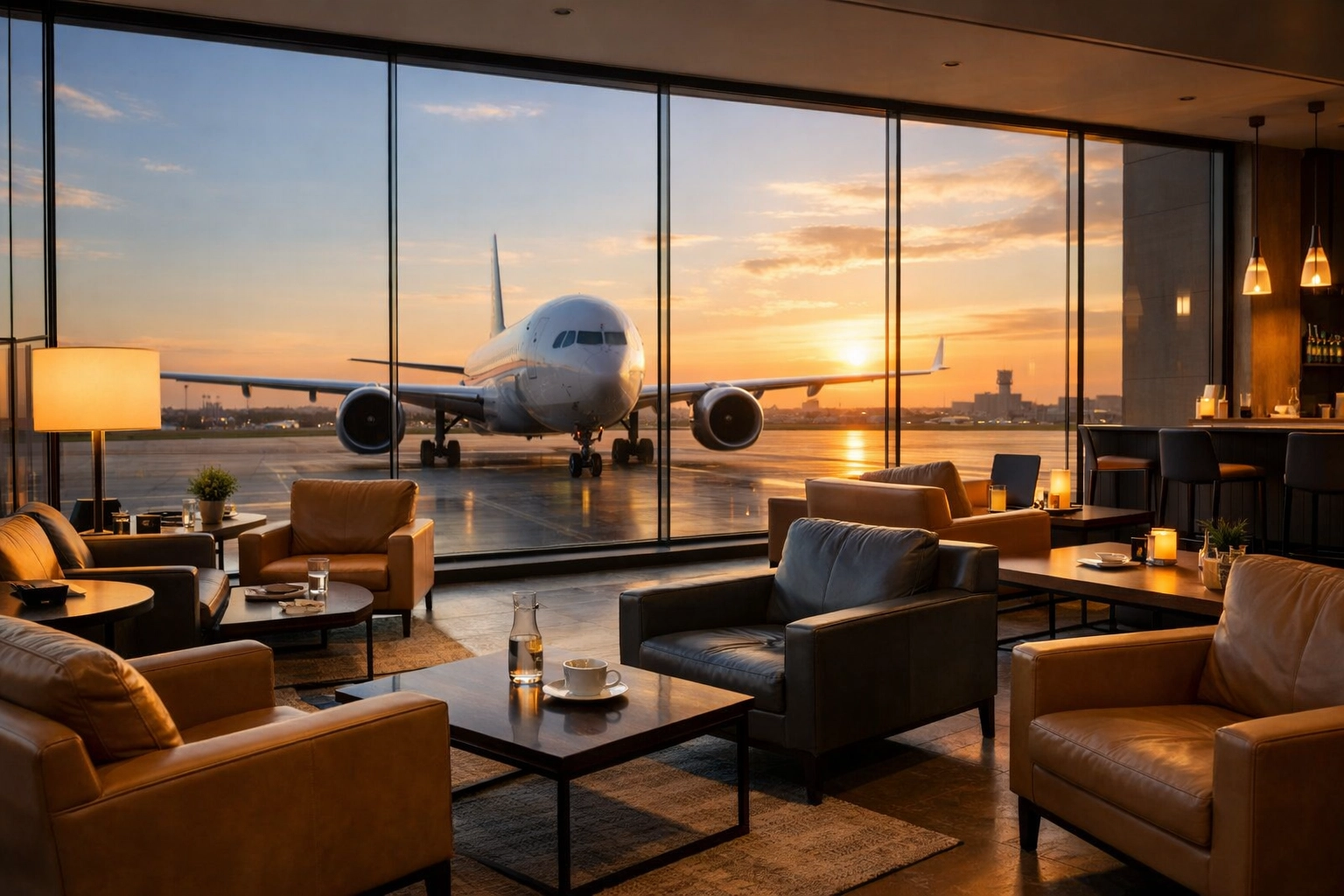 Sleek airport lounge overlooking a jet, highlighting the stress-free experience of professional flight management.