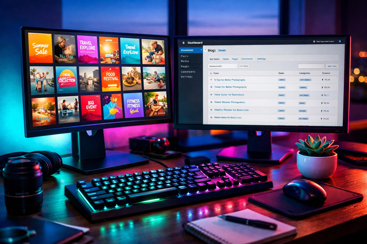 Dual monitor workspace showing blog backend formatting and graphic design tools for efficient content batching.