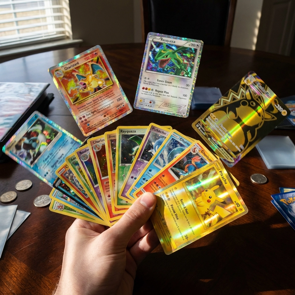 Rare holographic Pokémon TCG singles spread across table showing card variety