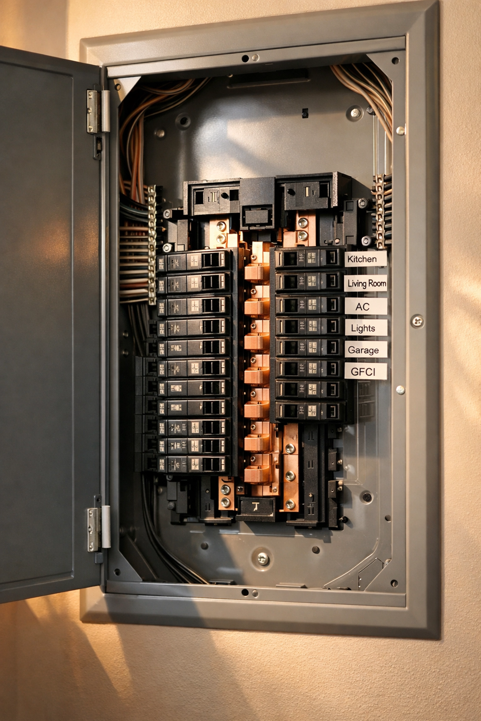 Modern electrical panel with organized circuit breakers meeting 2026 NEC code standards