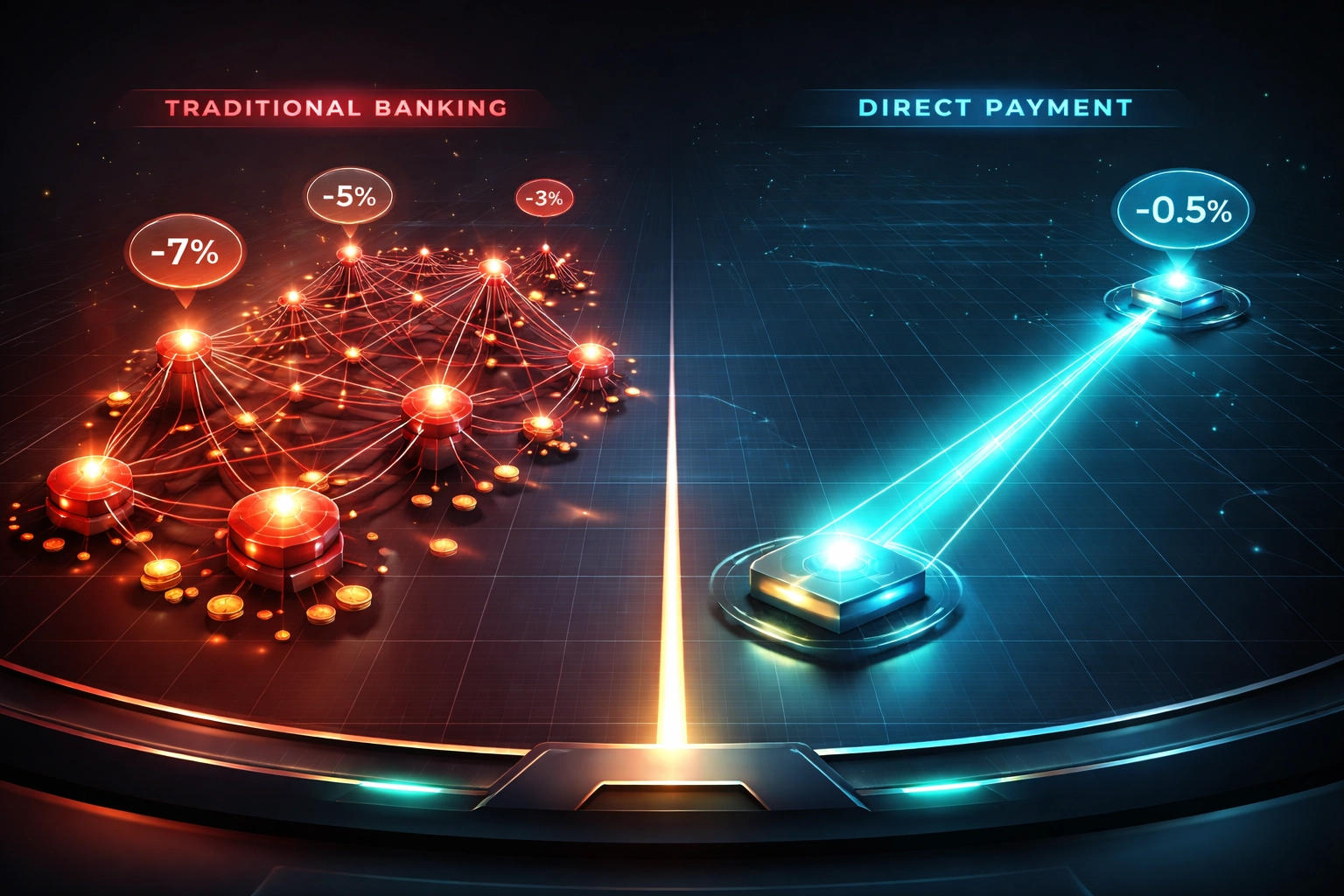 Comparison of traditional payments with high merchant interchange fees versus efficient Web3 global payments, highlighting fee reduction benefits.